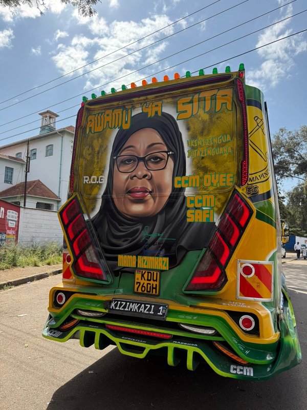 Side view of the matatu featuring Samia Suluhu campaign messages