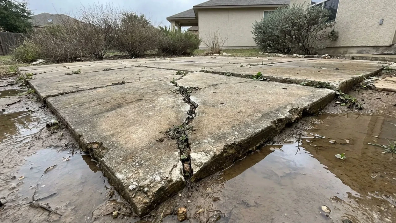 Close-up of widening cracks and pooled water on a concrete patio in San Antonio showing poor drainage and surface deterioration
