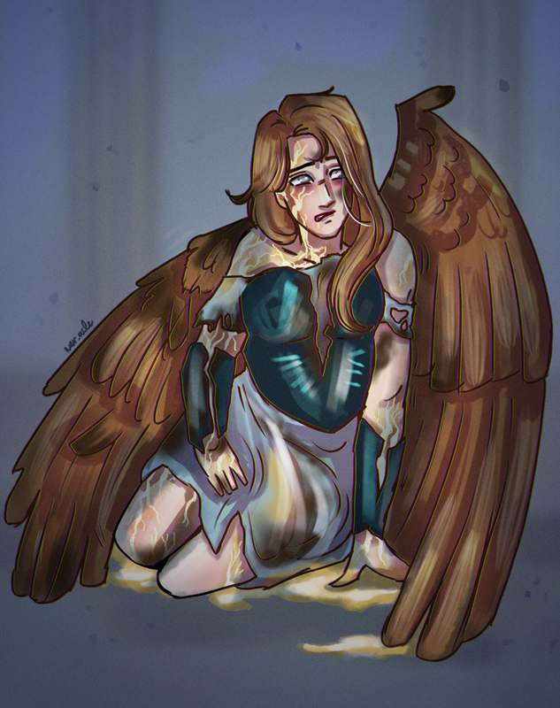 Athena, sitting on her shins, wounded and bleeding, one wing hanging down limply as she looks in the distance in pain