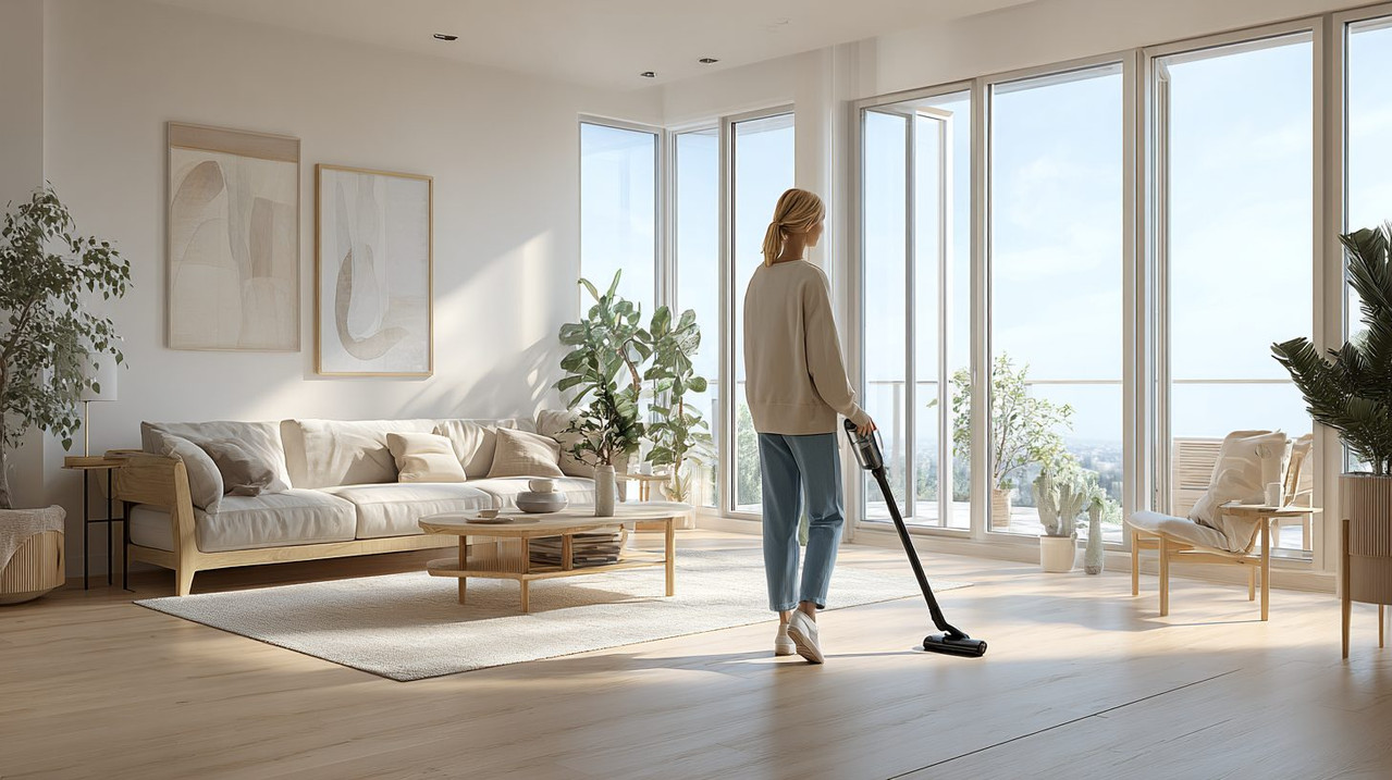 Фотореалистичное изображение уютной домашней гостиной в светлом скандинавском стиле, где молодая женщина средних лет самостоятельно убирает