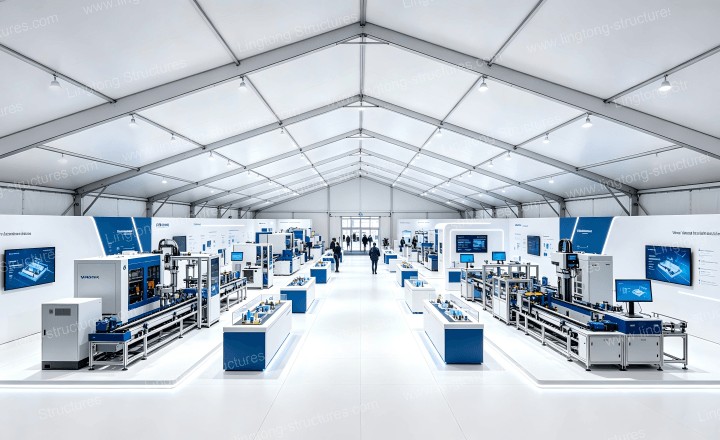 Heavy equipment display inside the Hannover Messe exhibition tent