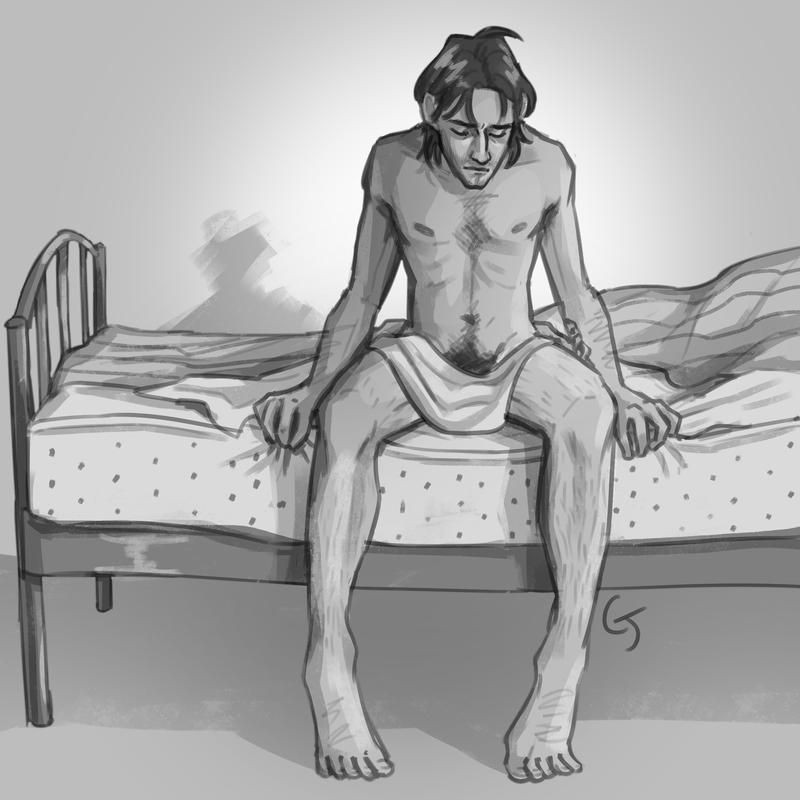 Artwork by charlijacobs depicting Severus sitting on the edge of the bed looking forlorn with a sheet across his waist.