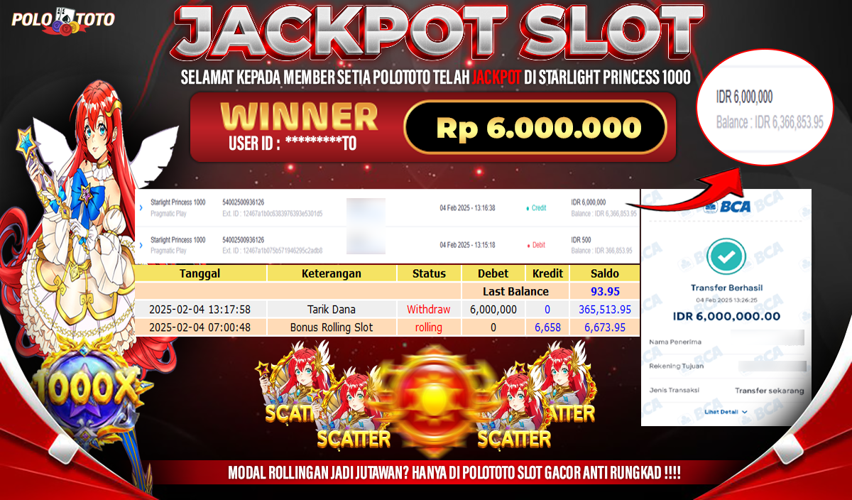 POLOTOTO JACKPOT SLOT STARLIGHT PRINCESS 1000 Rp.6,000.000,-