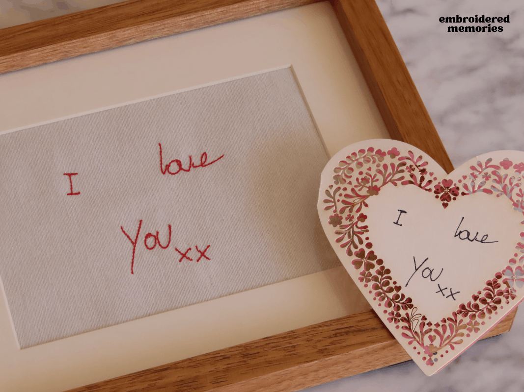 Turn a meaningful handwritten note, word, or signature into a timeless piece of decor with our Custom Handwriting Embroidered Art.

Whether it's a loved one’s handwriting, a child’s first written name, a sweet short message, or a special word, we carefully translate your handwriting into delicate embroidery on high-quality cotton fabric.

Each piece is crafted on 13x18 cm cotton fabric. You can choose to order the embroidered fabric piece on its own (unframed) or ready-to-display in our beautiful light oak wooden frame complete with an off-white mat board (passe-partout).

The frame can be hung on the wall or displayed on a tabletop, thanks to the built-in stand on the back.