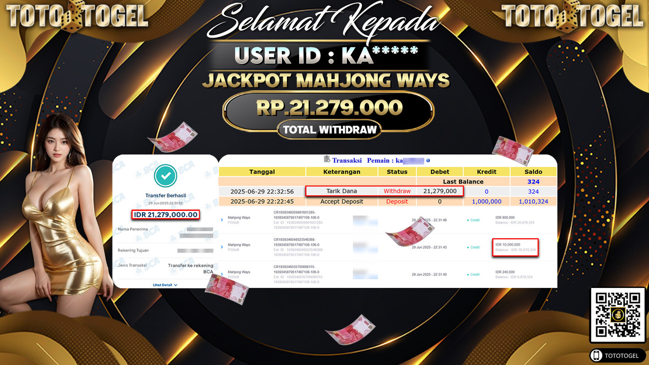 Bukti Pembayaran Jackpot Permainan Slot Mahjong Ways ID:KA***** LUNAS