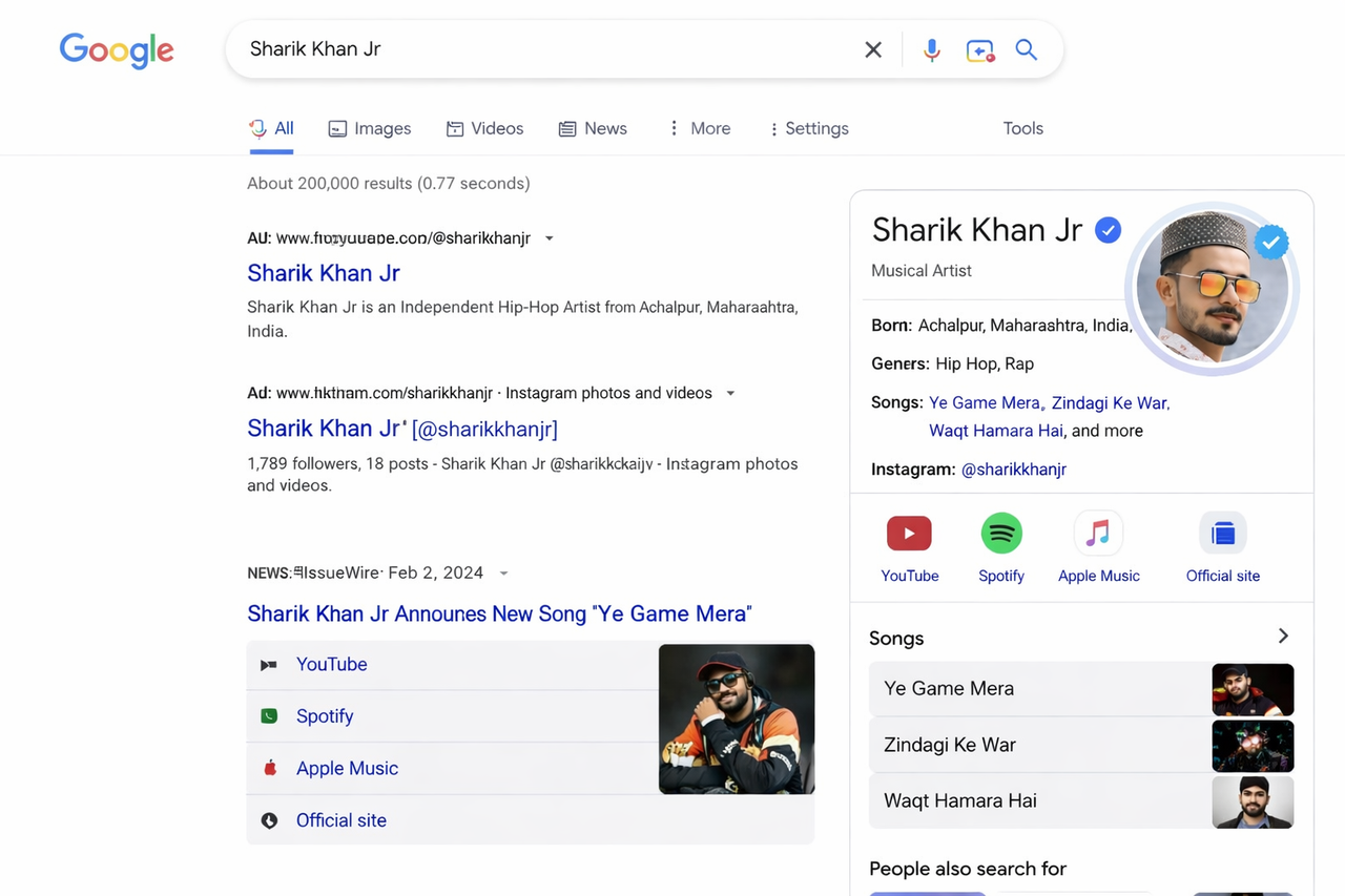 Google search result showing Sharik Khan Jr Knowledge Panel digital identity example