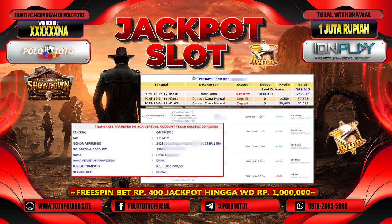 POLOTOTO JACKPOT SLOT WILD BOUNTY SHOWDOWN Rp.1.000.000,- LUNAS