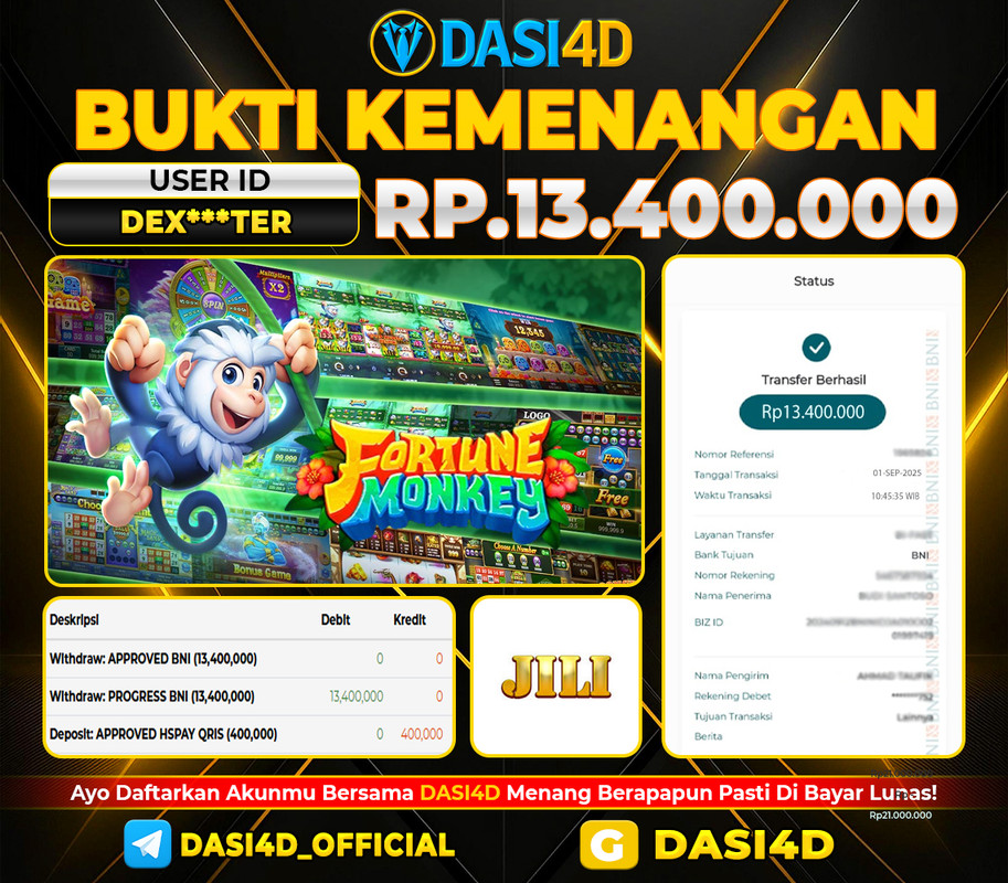 BUKTI KEMENANGAN 01 SEPTEMBER  2025 DI FORTUNE MONKEY  RP. 13.400.000