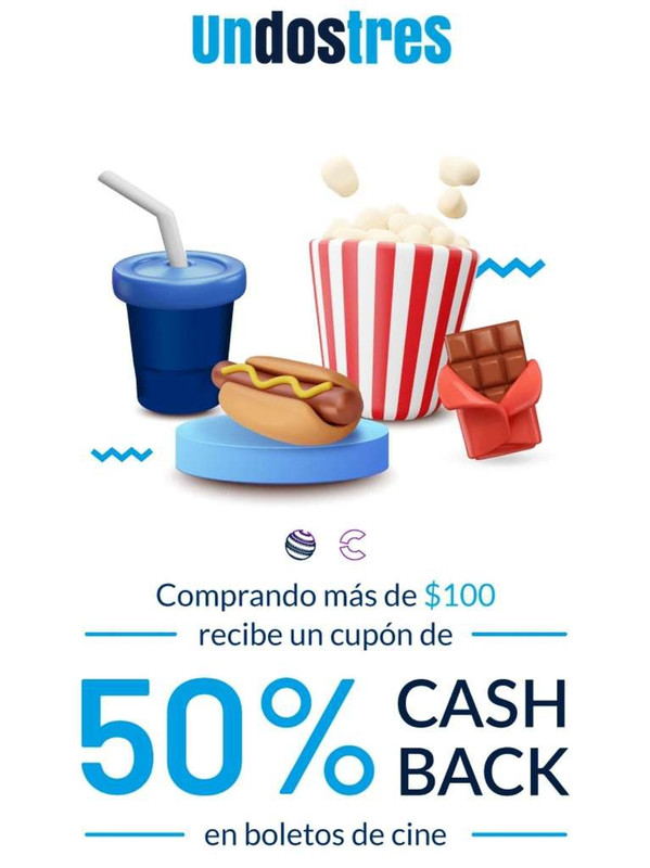 UnDosTres: obtén cupón de 50% de cashback para boletos y dulcería en Cine al hacer compras mayores de $100 dentro de la app 
