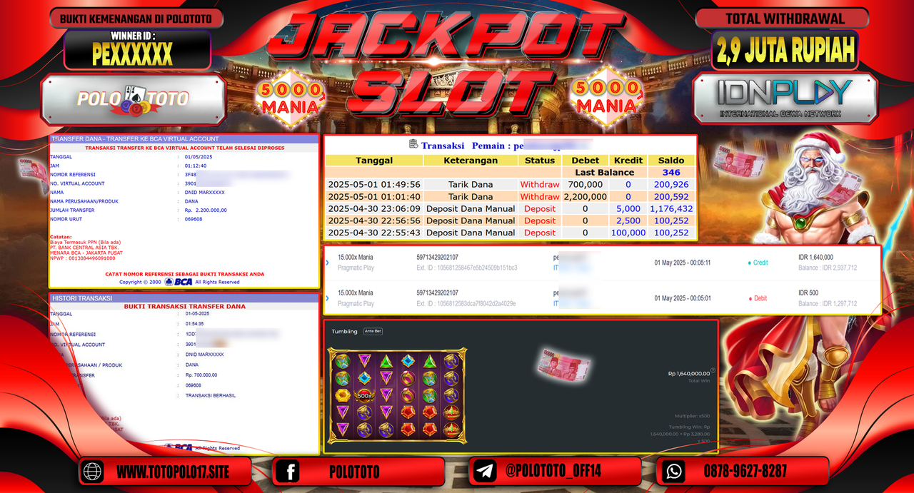 POLOTOTO JACKPOT SLOT 15.000X MANIA Rp.2.900.000,-