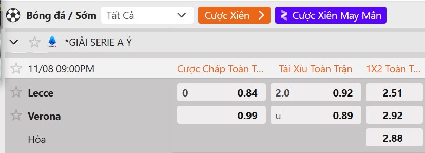 Tỷ lệ kèo Lecce vs Hellas Verona