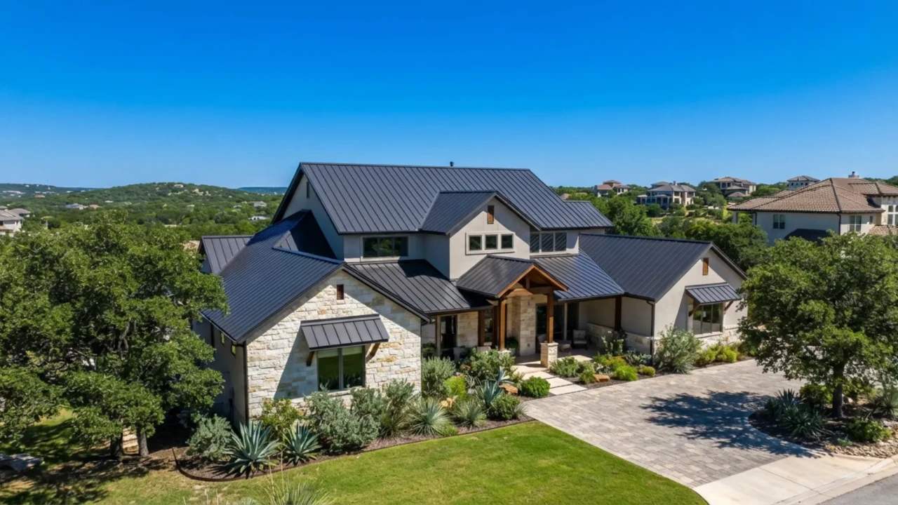 Standing seam metal roof on San Antonio home with clear blue sky