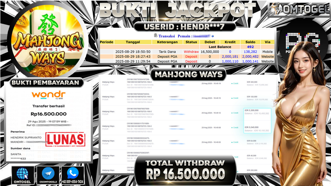OMTOGEL JACKPOT PGSOFT MAHJONG WAYS 16 JUTA DI BAYAR LUNAS ,-