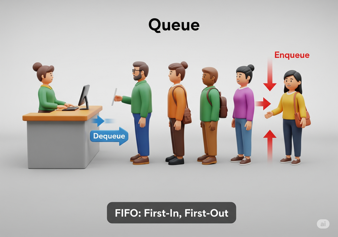 Illustration of people lining up for a ticket counter, demonstrating the FIFO principle.