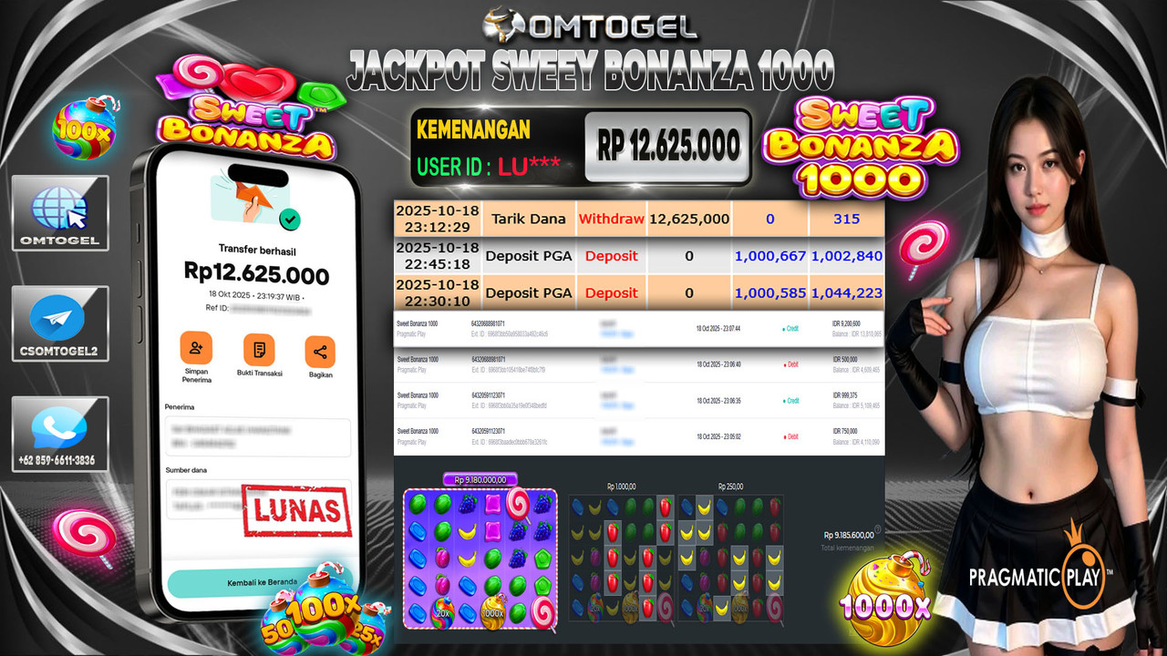 OMTOGEL JACKPOT PRAGMATIC PLAY SWEET BONANZA 1000 12 JUTA DI BAYAR LUNAS ,-
