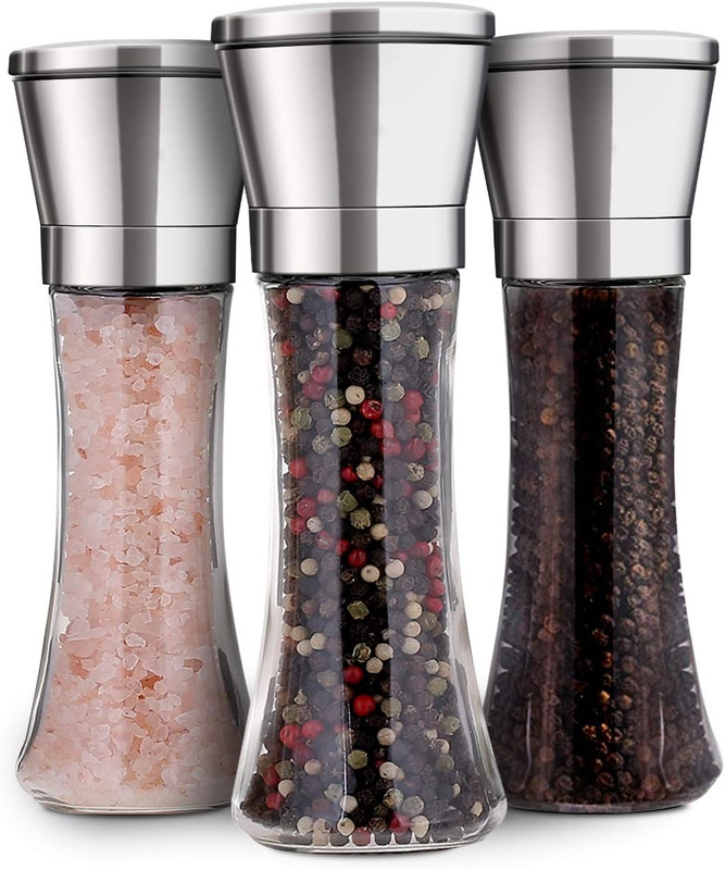 3-Pack Salt and Pepper Grinder Set Adjustable Coarseness Ceramic Rotor Glass