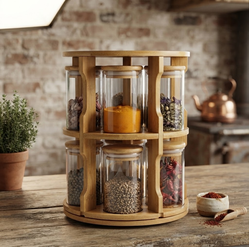 Rotatable Wooden Rack Glass Storage Jar Set with Airtight Canisters