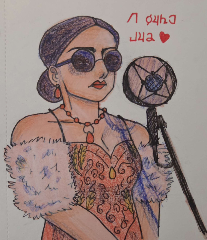 A traditional, fully colored drawing of Marianne from Long Live The Black Parade. She looks to the side, facing an old-timey microphone with a neutral expression. Text in Keposhka next to her reads I love you.