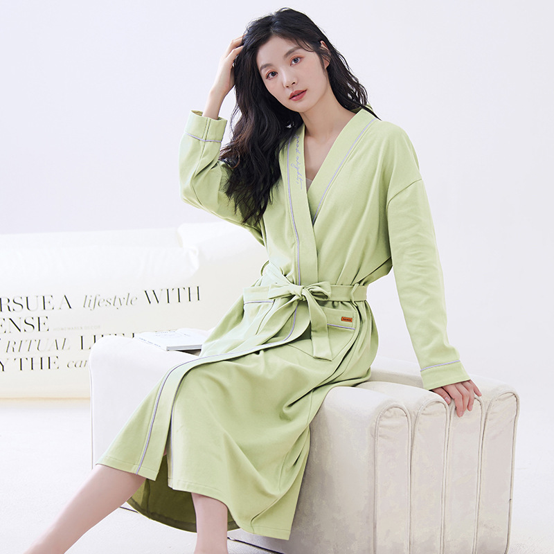 Green 2XL size Women's Cotton Robe — Autumn/Winter Bathrobe & Morning Gown | Long Sleeve, Mid-Length, Plus Size | Loose, Comfortable, and Machine Washable | Suitable for All Seasons