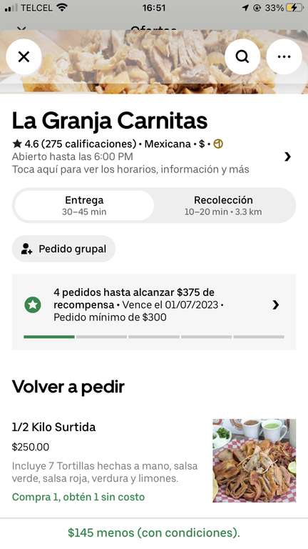 Uber Eats y La granja Carnitas: Kilo de carnitas (Surtida) por 105 pesitos | Uber One | 
