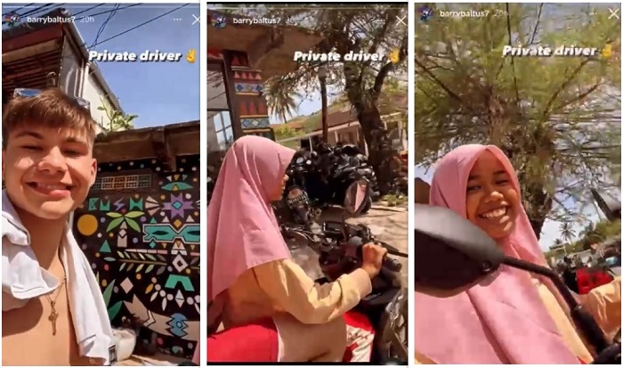 Momen saat pembalap Moto2 Barry Baltus dibonceng oleh seorang gadis di jalanan Kuta, Lombok, Nusa Tenggara Barat.