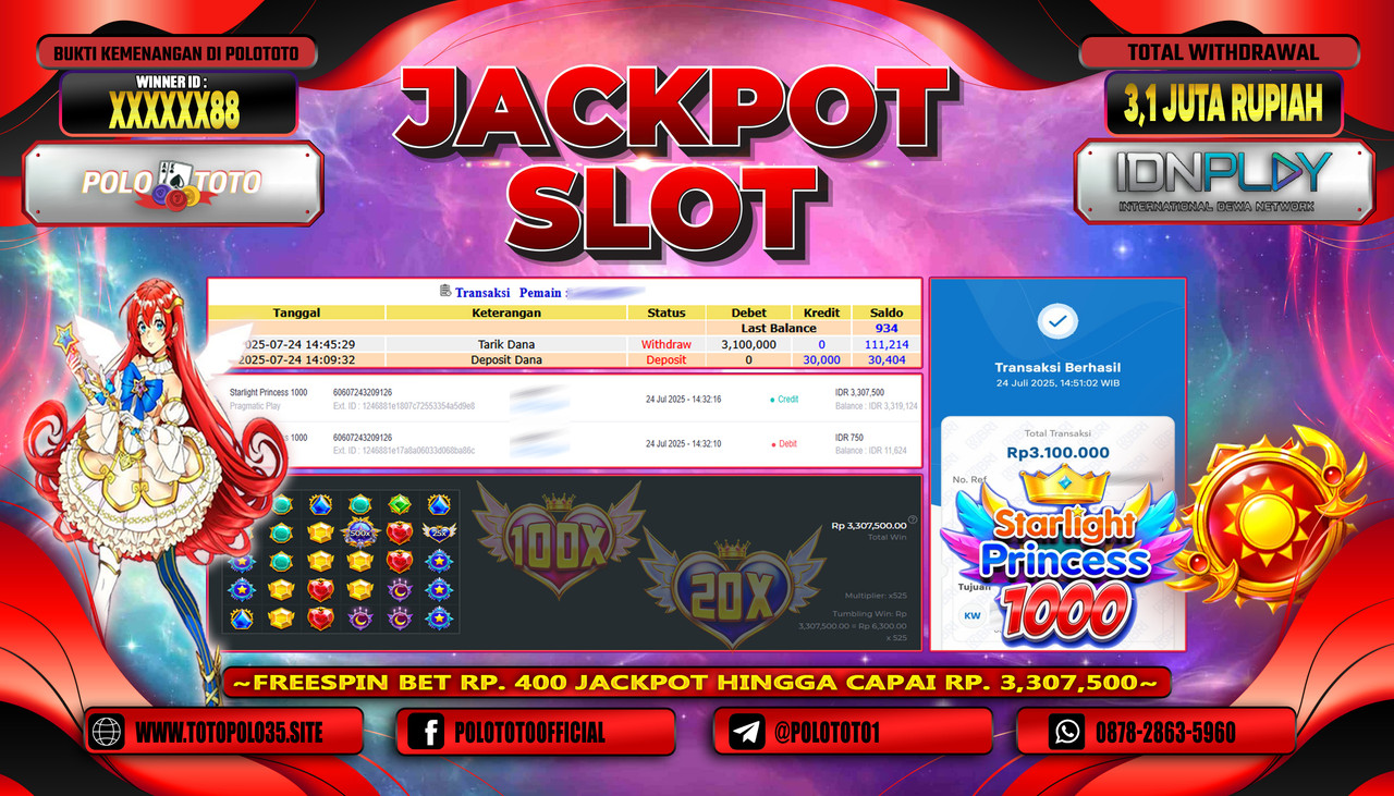 POLOTOTO JACKPOT SLOT STARLIGHT PRINCESS 1000 Rp.3.100.000,-