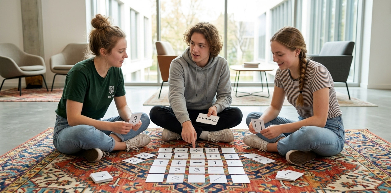 a group of three students sitting on a colorful rug in a modern open lounge area