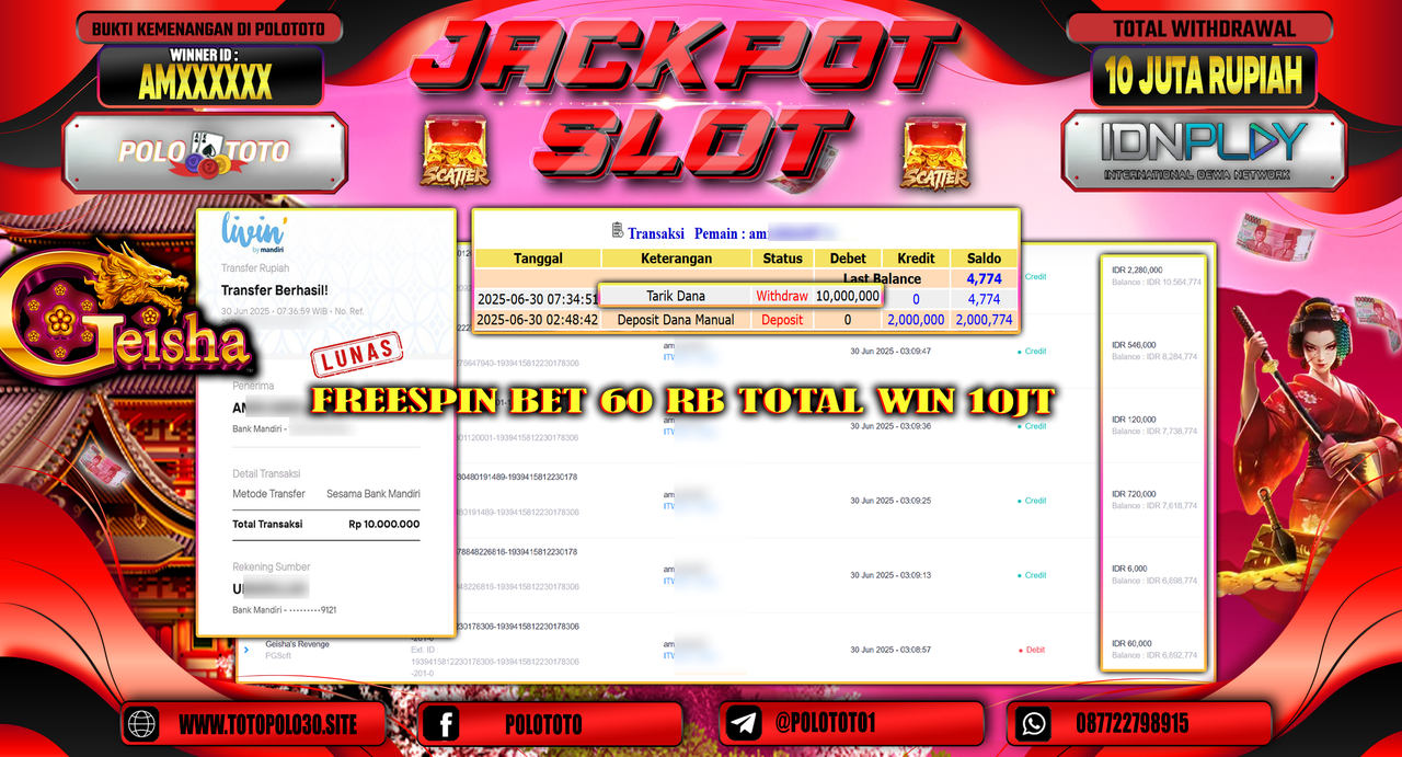 POLOTOTO JACKPOT SLOT GEISHA REVENGE Rp.10.000.000,-