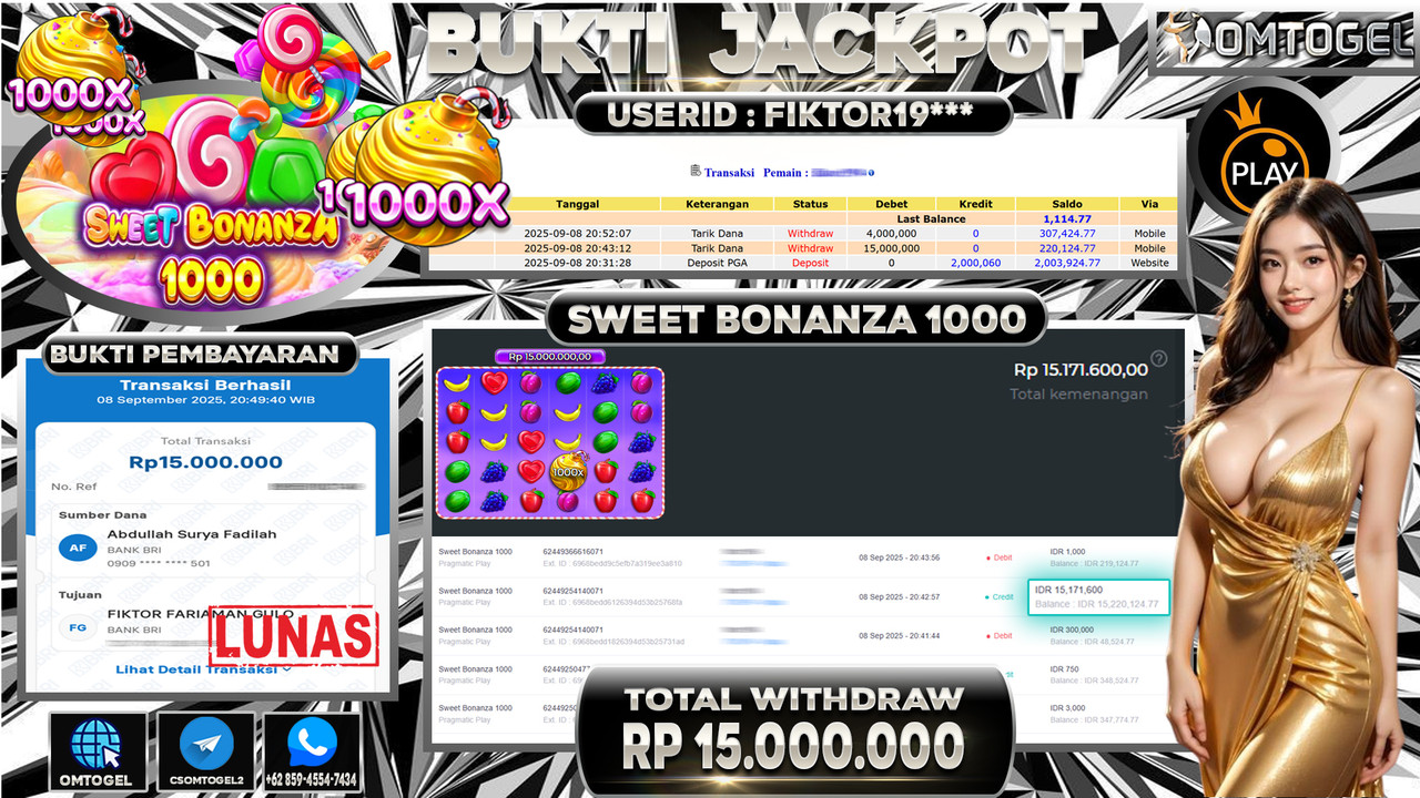 OMTOGEL JACKPOT PRAGMATIC PLAY SWEET BONANZA 1000 15 JUTA DI BAYAR LUNAS ,-