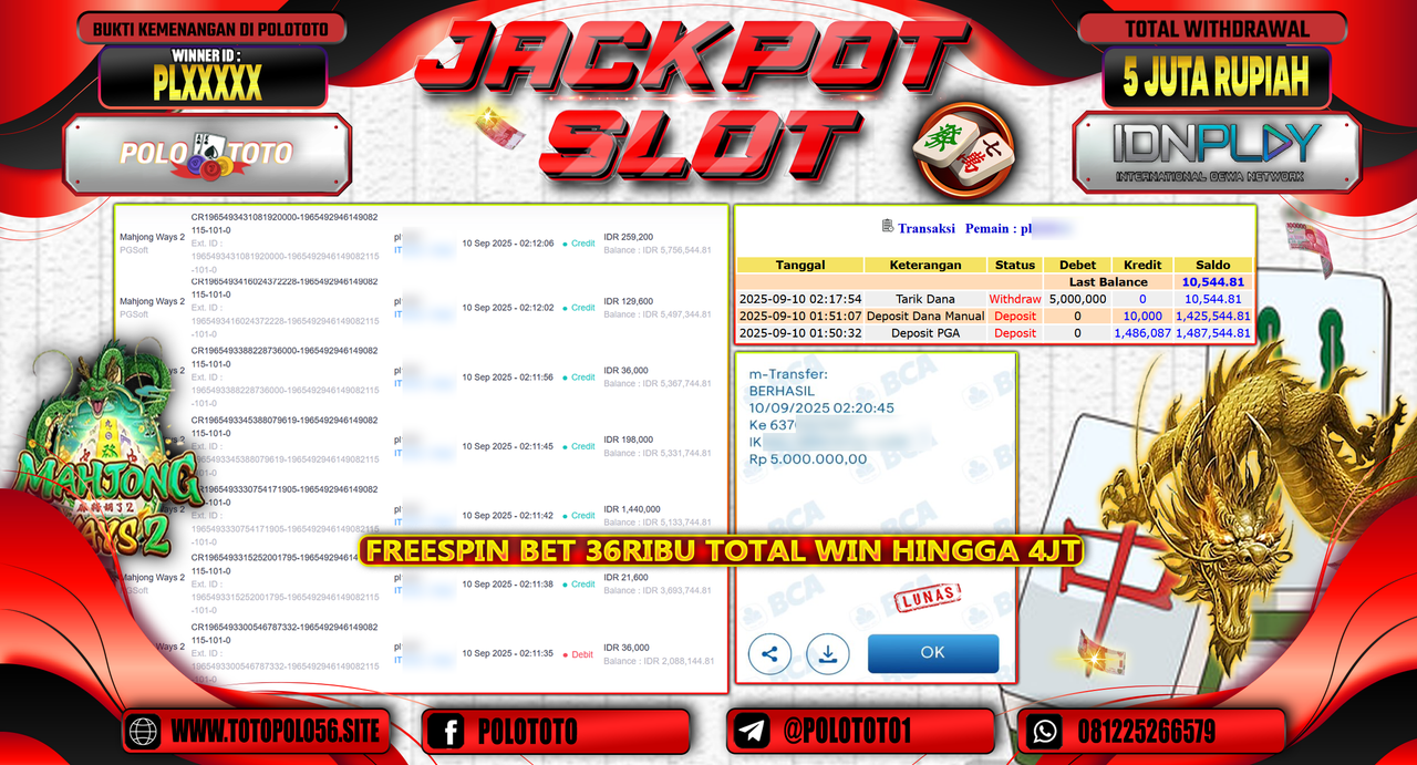 POLOTOTO JACKPOT SLOT MAHJONG WAYS 2 Rp.5.000.000,-