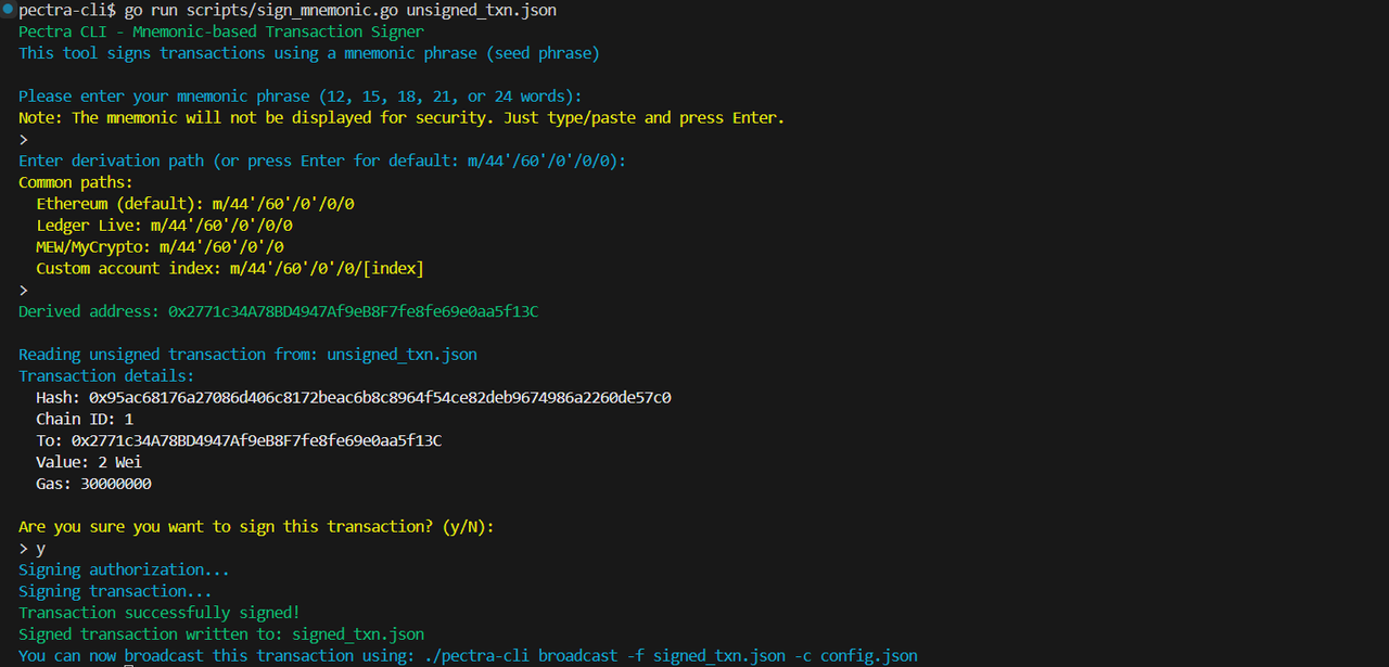 Sample Mnemonic phrase Signing Output