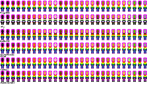 a row of people with pride flag shirts and magenta hair
