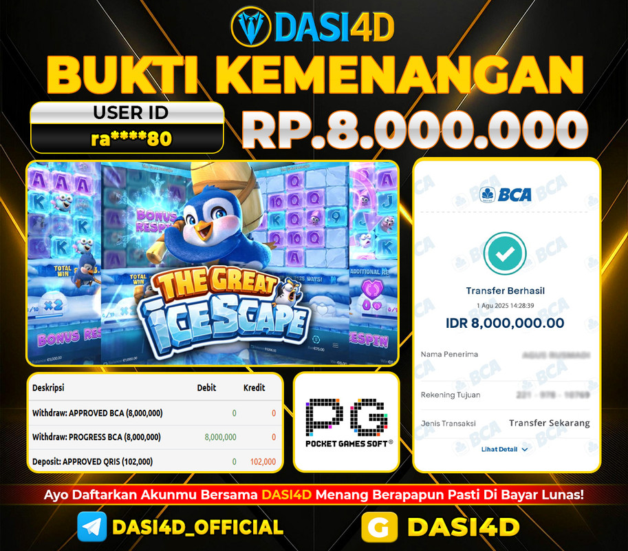 BUKTI KEMENANGAN 01 AGUSTUS DI THE GREAT ICESCAPE RP 8.000.000