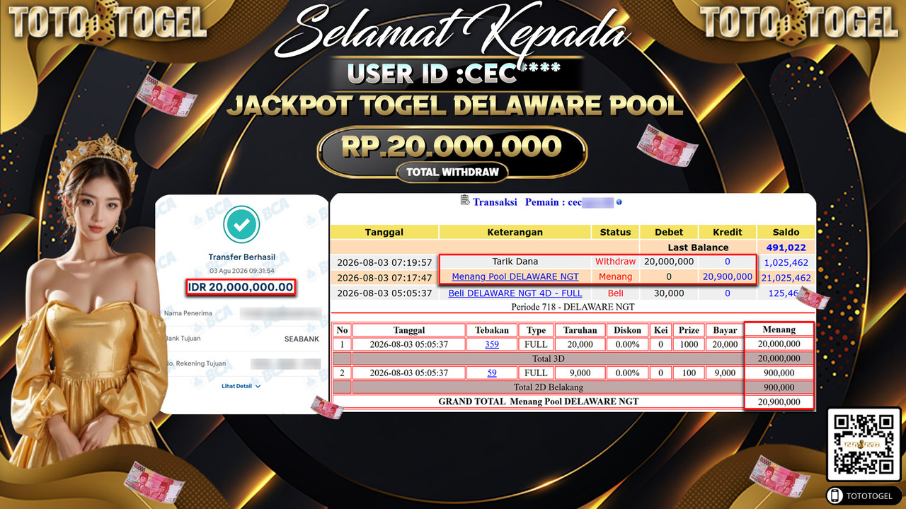 Bukti Pembayaran Jackpot TOGEL DELAWERE POOL ID:CEC**** LUNAS