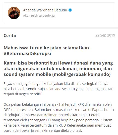 Ananda Badudu menggalang dana untuk aksi mahasiswa yang menolak rancangan UU di DPR