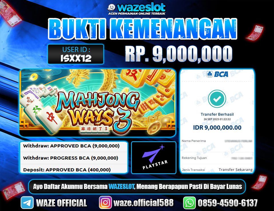 BUKTI KEMENANGAN 26 SEPTEMBER 2025 GAME MAHJONG WAYS 3 ( PLAYSTAR )
