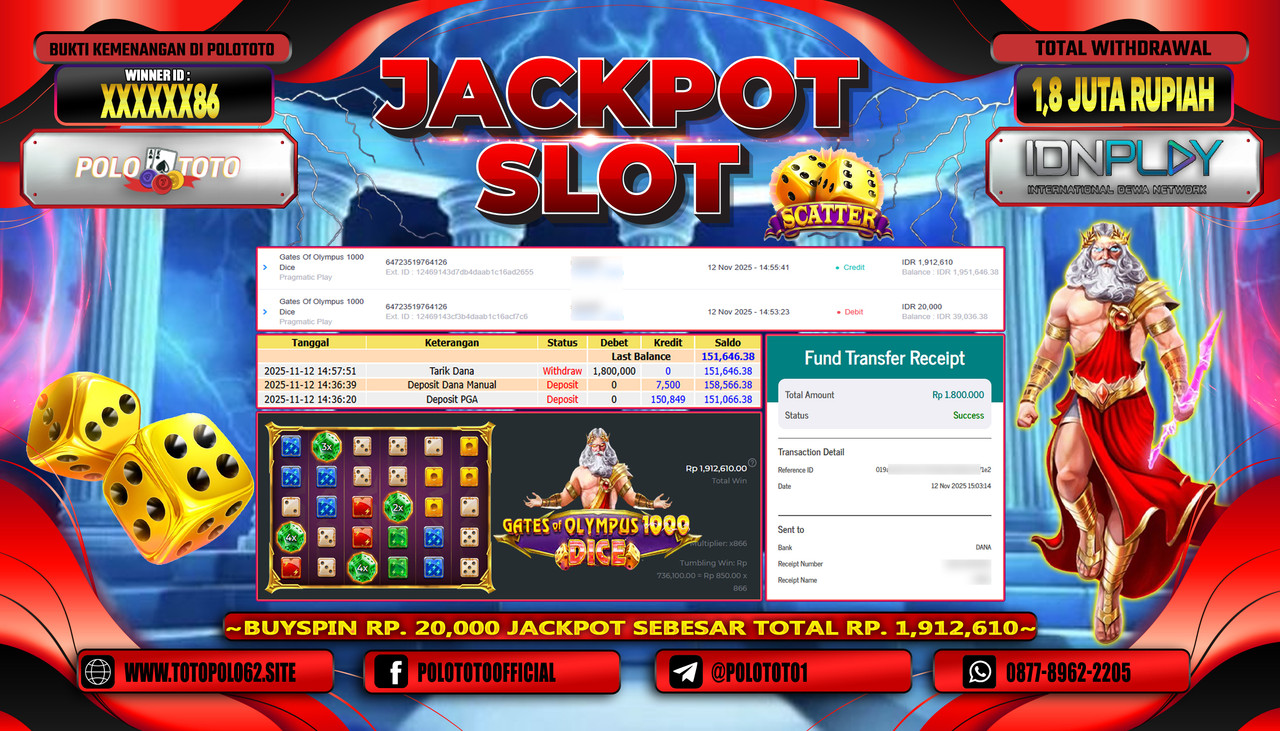 POLOTOTO JACKPOT SLOT GATES OF OLYMPUS 1000 DICE Rp.1.800.000,- LUNAS