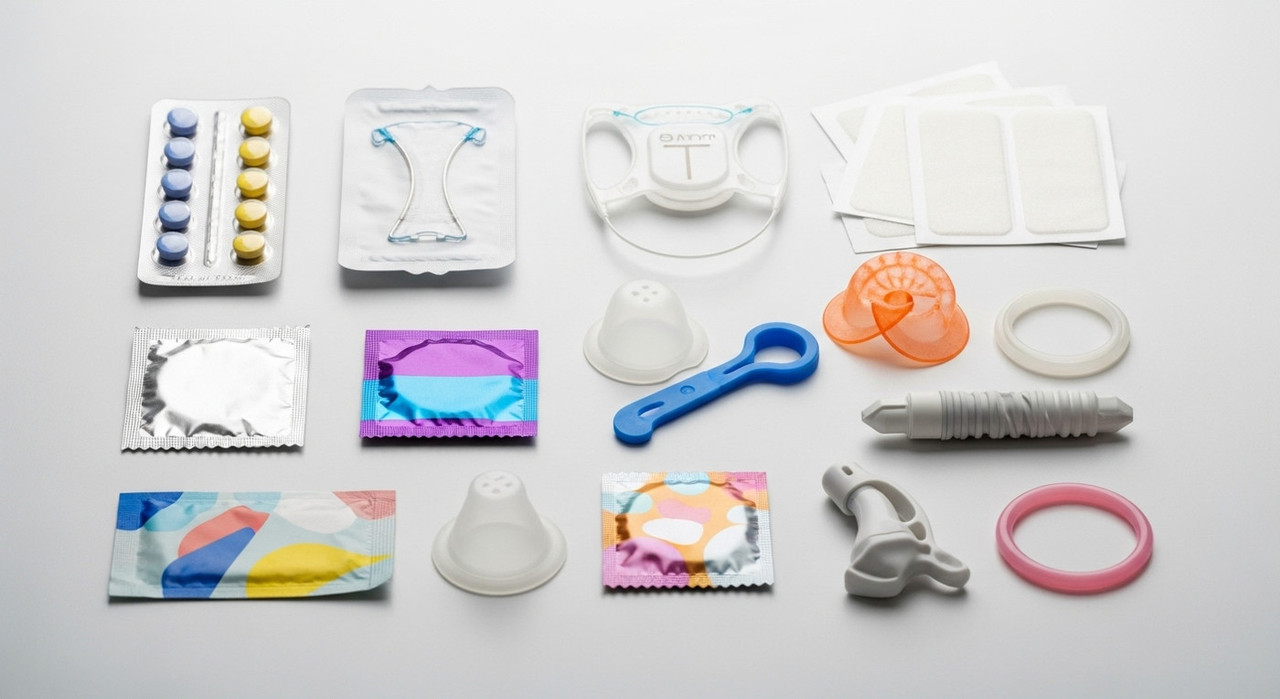 Разные методы контрацепции на белом фоне