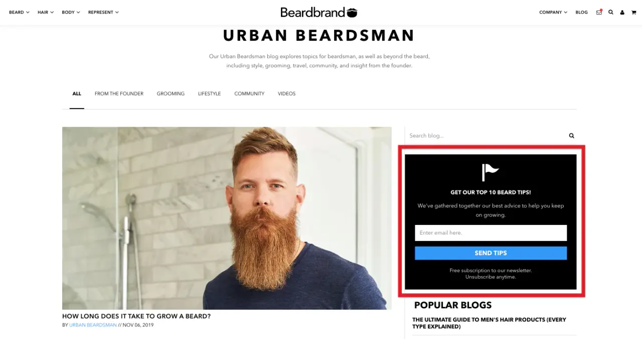 צילום מסך של אתר Beardbrand עם גבר מזוקן וטופס הרשמה לאימייל