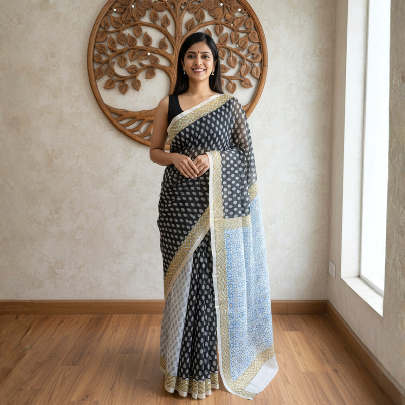 Handblock Printed Kota Doriya Saree | Sheer, Lightweight & Gracefully Textured Design - 6