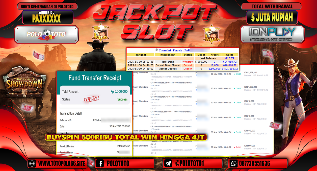 POLOTOTO JACKPOT SLOT WILD BOUNTHY SHOWDOWN Rp.5.000.000,- LUNAS