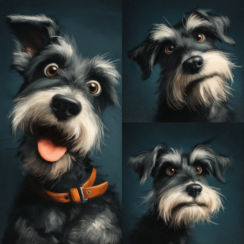 深色背景下多只雪纳瑞的不同神态