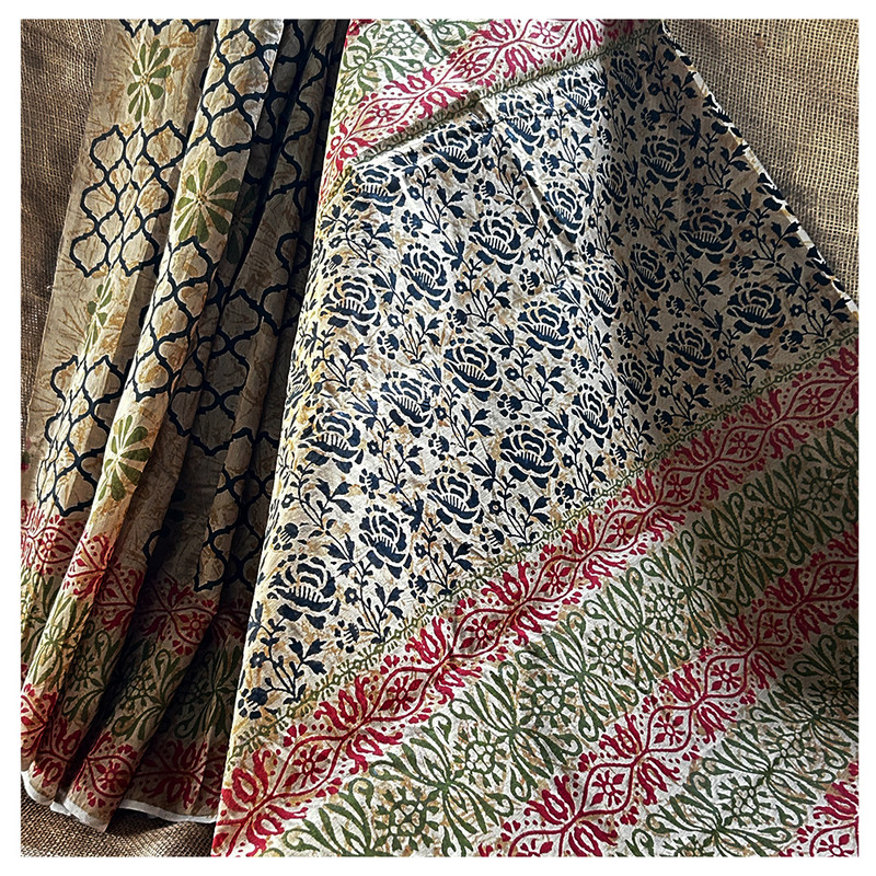 Hand Block Printed Biege Saree with Green, Black and Red Floral Pattern