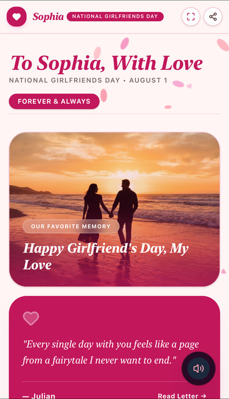 Girlfriend's Day personalized tribute website with curated romantic photo moments and love note letters