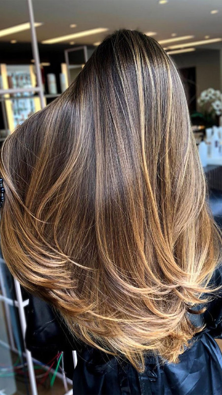 Caramel highlights on Layered Haircut