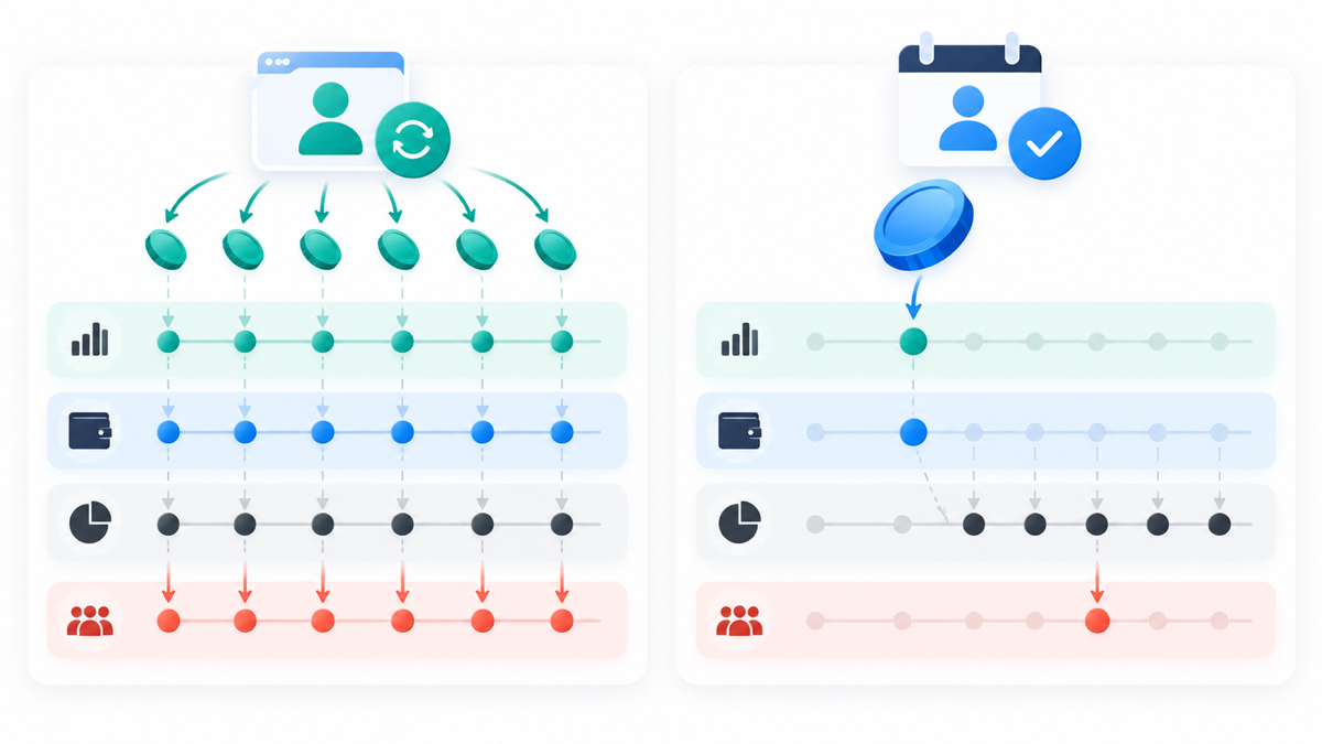 Monthly subscription receipts and annual prepayments create different cash patterns before affiliate payouts