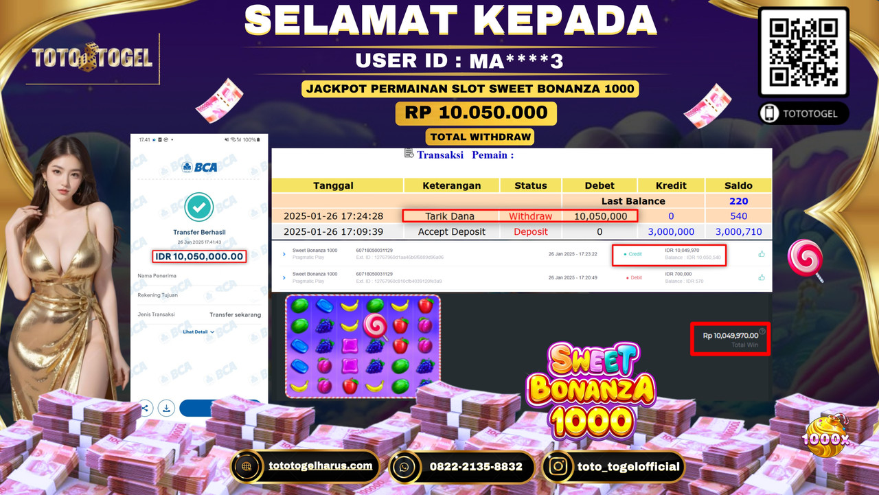 Bukti Pembayaran Jackpot  Permainan Slot Sweet Bonanza 1000  ID:MA****3  LUNAS