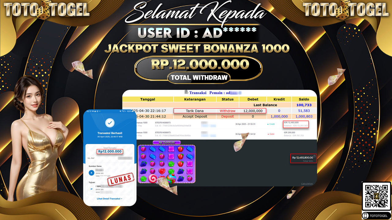 Bukti Pembayaran Jackpot  Permainan Slot Sweet Bonanza 1000 ID:AD***** LUNAS