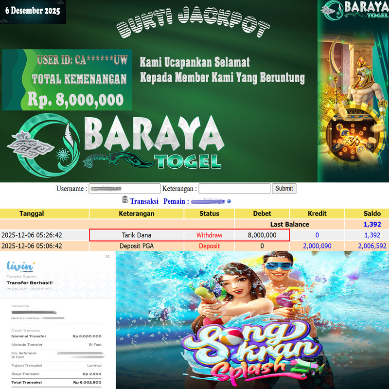 Rp. 8.000.000.- WD LUNAS DI BARAYATOGEL