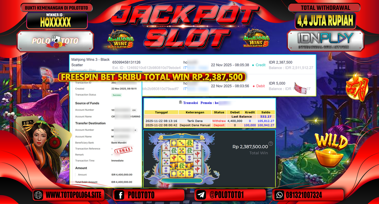 POLOTOTO JACKPOT SLOT MAHJONG WINS 3 - BLACK SCATTER Rp.4.400.000,- LUNAS